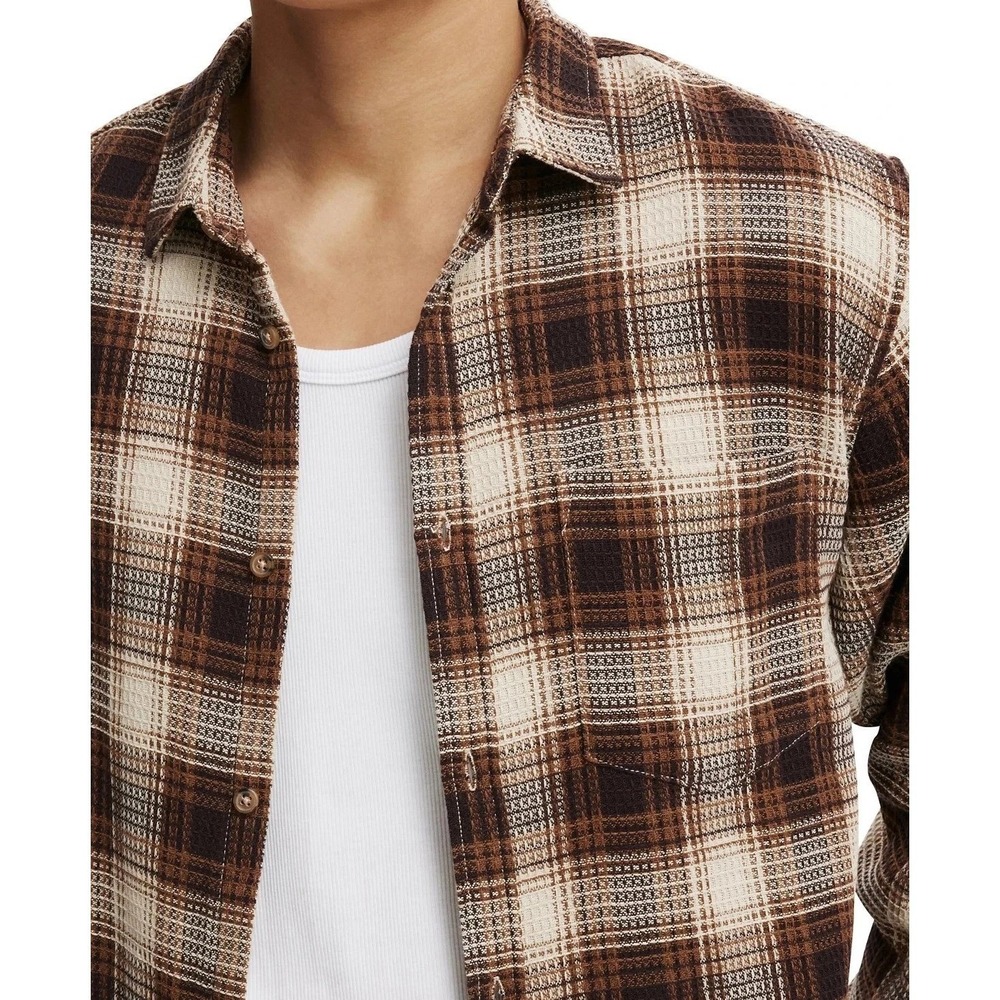 NWT Cotton On Boston Long Sleeve Shirt Mens M Brown Waffle‎ Plaid Button Front